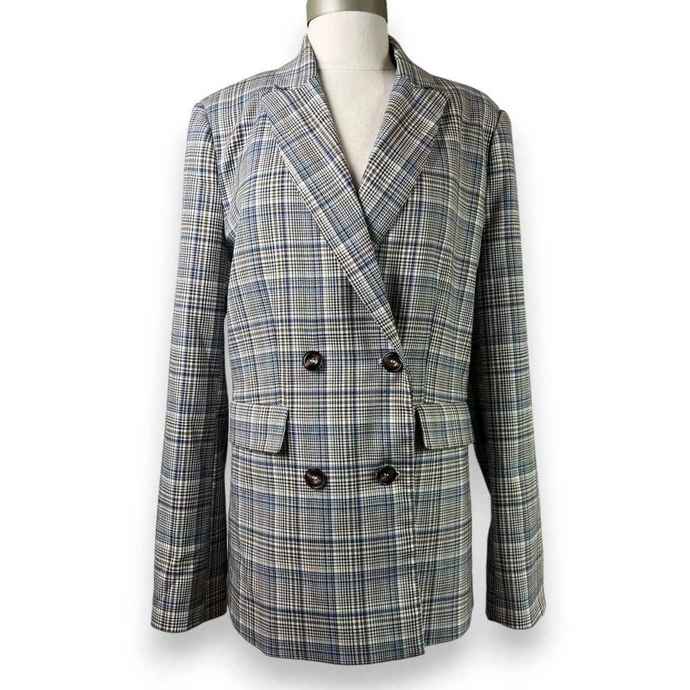 Evereve Glen Check Plaid Double Breasted Blazer Womens M Blue Tan Professional